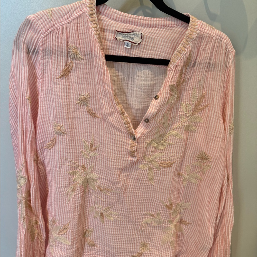 Johnny Was Pink and Cream Embroidered Top